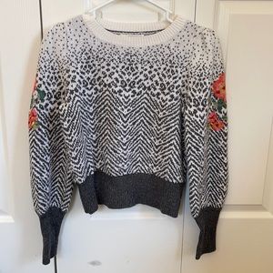 Anthropologie Black and White Patterned Sweater with Floral Accents